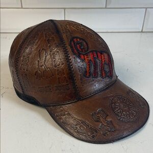Peruvian Brown Leather Cap with Hand Tooled Designs